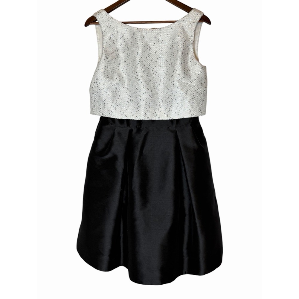 Theia Women Black White Sequin Boat Neck Sleeveless Cocktail Dress Size 8